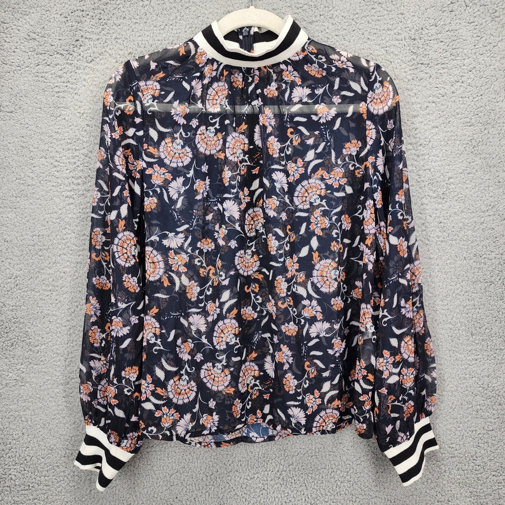 French Connection Navy Floral Sheer Mock Neck Blouse Striped Trim Size 10